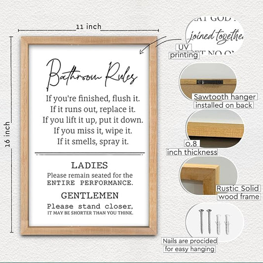 Bathroom Rules Wall Decor 16"×11" Restroom Toile Sign Humor Quotes for Bathroom Humorous Modren Restroom Wood Framed Wall Hanging Art (Wood）
