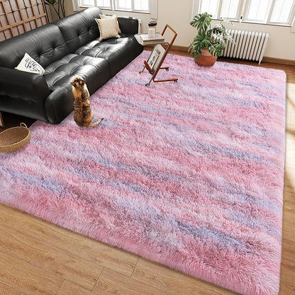 Shag Rugs for Living Room 9x12, Ultra Soft Abstract Pink Big Fuzzy Rugs for Bedroom, 9 x 12 Fluffy Shaggy Plush Carpet Girls Kids Room Dorm Upgrade Non-Slip