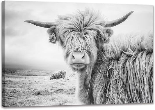 Black and White Cow Bull Yak Canvas Picture Wall Decor Farmhouse Baby Highland Cow Decor Bathroom Picture Wall Art Framed for Home Office (16x24 inch)