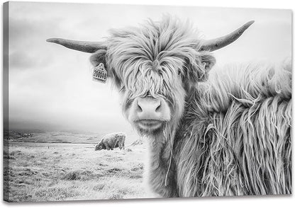 Black and White Cow Bull Yak Canvas Picture Wall Decor Farmhouse Highland Cow Decor Bathroom Picture Wall Art Framed for Home Office (24x36 inch)