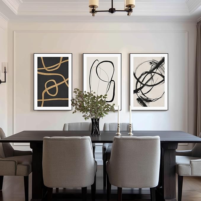 SAFERRYHOME Abstract Graffiti Framed Black and White Black and Gold Wall Art Canvas Prints, Modern Sketches Street Art Decor for Living Room, Home Office, Dining Room, Loft - 3 Pieces 24x36 Inch