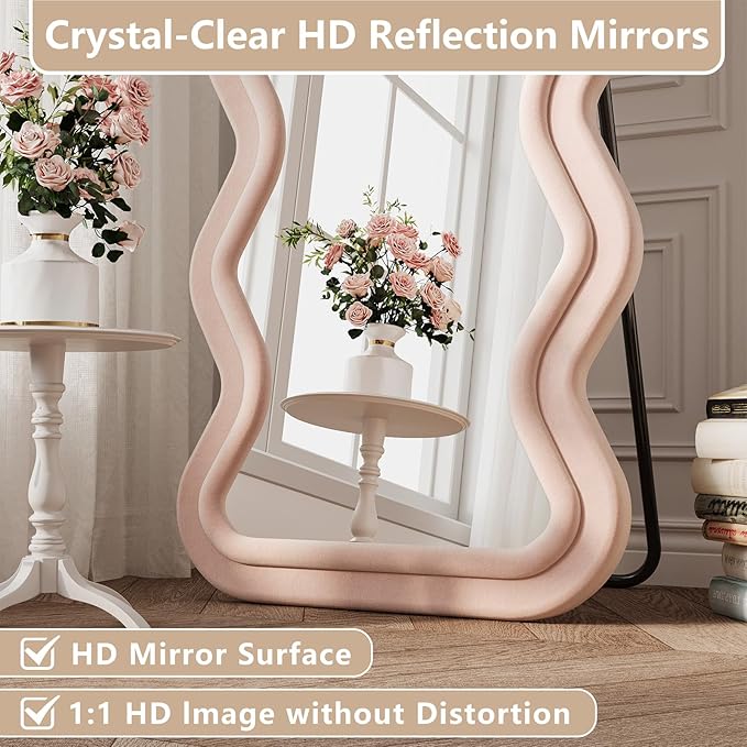Wavy Full Length Mirror, 71"x32" Flannel Mirrors Full Length with Stand, Full Boby Mirrors for Bedroom, Living Room, Cloakroom, Hanging Leaning Wall Mirror, Pink