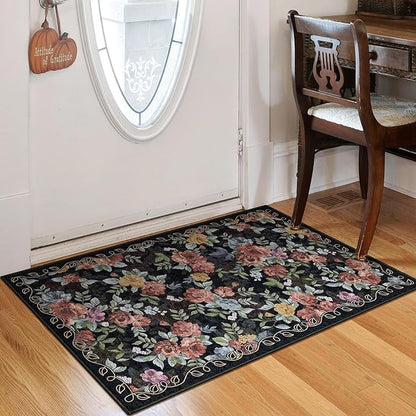 2x3 Machine Washable Area Rug for Entryway, Dark Blue Black Vintage Boho Floral Rug Non-Slip Low Pile Soft Faux Wool Small Carpet, Kids and Pets Friendly for Bedroom Kitchen Hallway Bedside Decor Rug