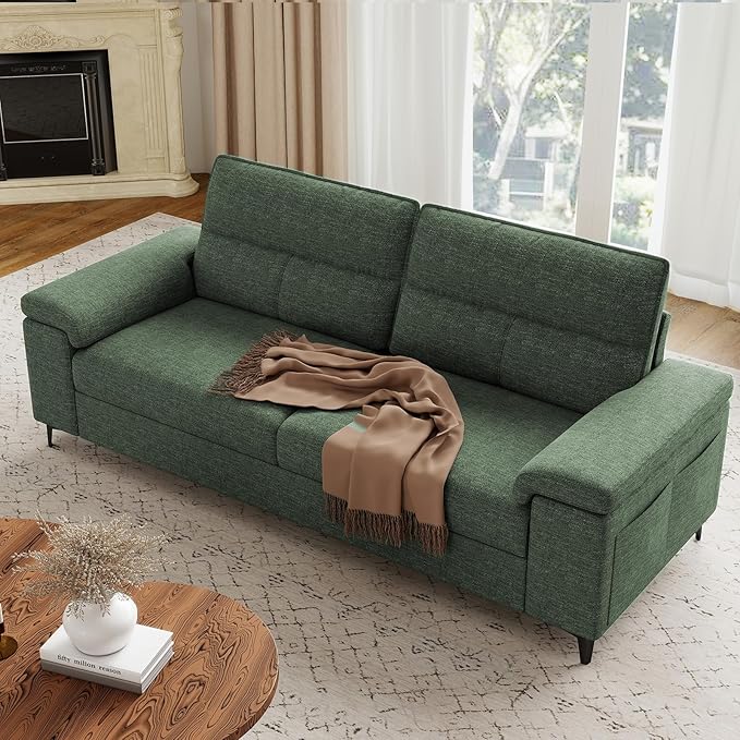 Upvilla 88.97" Modern Sofa Couch for Living Room, Deep Seat Sofas with 8”Cushion, Comfy 2-Seater Chenille Loveseat with Convertible Armrest, Removable Sofa Cover, High Leg (Green)