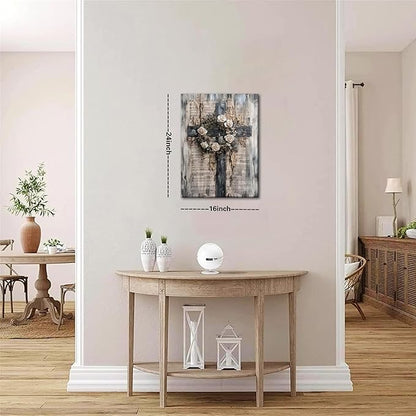Vintage Cross Christian Wall Art, White Rose Wreath Canvas Paintings Prints Posters Wall Decor, Retro Religious Music Score Church Decor Suitable for Study Prayer Room 16x24 in Framed