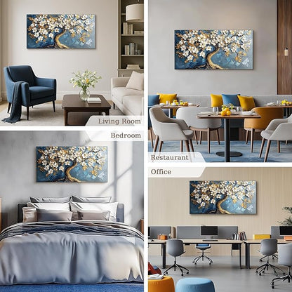 SERIMINO Tree of Life Large Canvas Wall Art, Abstract Gold Tree Modern Office Decorations, Nature White Floral Artwork for Walls, Navy Blue Pictures Wall Decor Living Room Bedroom Art Prints 20"X40"