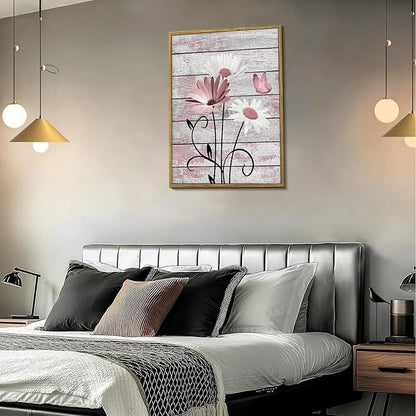 HVEST Farmhouse Floral Pink Wall Art for Bathroom, Rustic Daisy Butterfly on Grey Wood Canvas Wall Art Nature Flower Pictures for Bedroom Living Room Office Wall Decor Framed Artwork, 17L X 12W inches