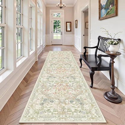 Lunasun Sage Green Washable 2'6"x10' Wide Hallway Runners, Kitchen Runner Rug, Non-Slip & Stain Resistant 10ft Long Floor Rug, Retro Light Green Boho Floral Décor