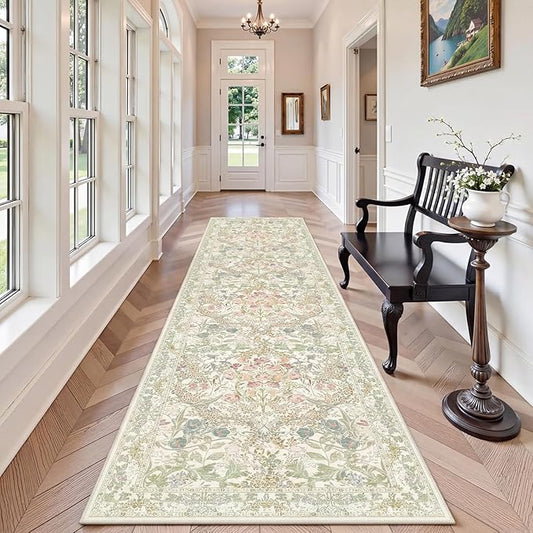 Lunasun Sage Green Washable 2'6"x10' Wide Hallway Runners, Kitchen Runner Rug, Non-Slip & Stain Resistant 10ft Long Floor Rug, Retro Light Green Boho Floral Décor