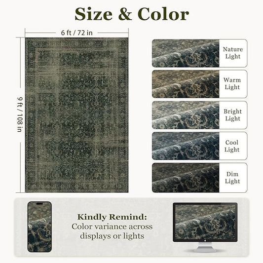 Area Rugs 6x9 Dark Green, Vintage Distressed Earth Tone Living Room Rug Washable Low Pile, Dark Moody Carpet Rug for Bedroom Dining Room Non Slip, Home Office Reading Nook