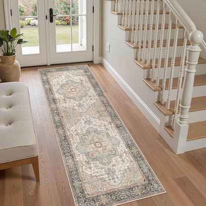 EIEIHOUSE Washable 2x6 Runner Rug - Area Rugs Neutral Vintage Distressed Floral Farmhouse Boho Large Soft Floor Rug Indoor Carpet for Hallway Entryway Bedroom Kitchen - Forest Green Orange