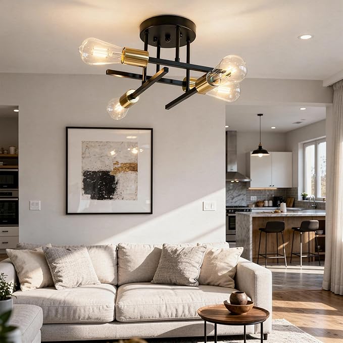 4-Light Sputnik Semi Flush Mount Ceiling Light, 5.9” Canopy, Modern Black and Gold Metal Chandelier, Close to Ceiling Light Fixture with E26 Base for Bedroom, Dining Room, Kitchen, Living Room