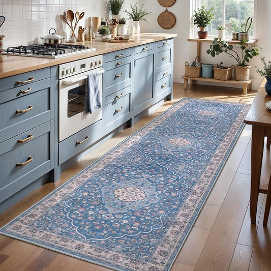 Tangsoo 2.6x8 Runner Rug for Hallways,Washable Non Slip Vintage Kitchen Runner Rug,Boho Blue Beige Soft Floral Print Distressed Low Pile Floor Carpet for Bedroom Bathroom Laundry Room Entryway