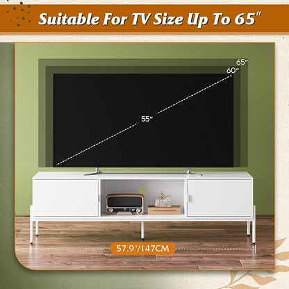 WLIVE TV Stand for 65 Inch TV, Mid Century Modern Entainment Center with 2 Storage Cabinets & Open Shelf, TV Console Table Media with Metal Legs for Living Room, Bedroom, White