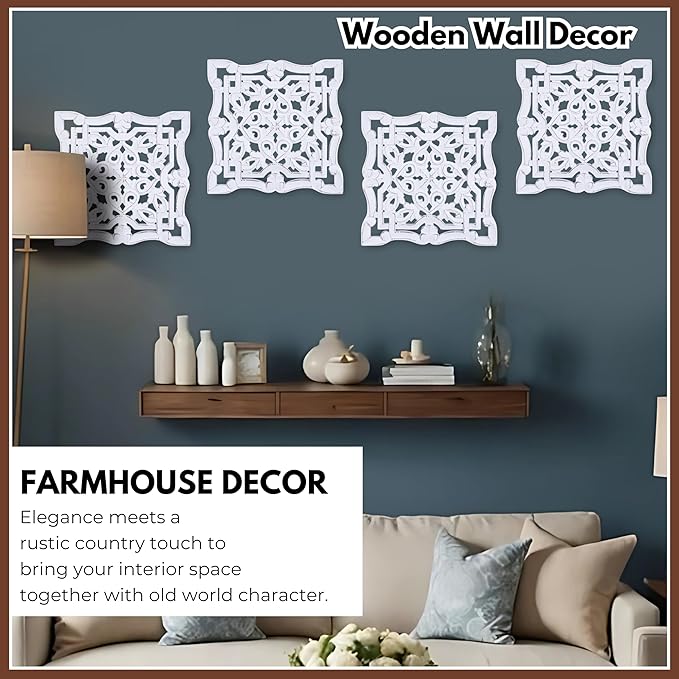 Woodify Hand-Carved Wooden Wall Décor – Set of 4, 12" x 12" Decorative Wood Panels, Floral Design, White Antique Finish, Wall Art for Living Room & Home Décor