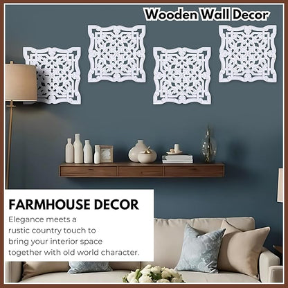 Woodify Hand-Carved Wooden Wall Décor – Set of 4, 12" x 12" Decorative Wood Panels, Floral Design, White Antique Finish, Wall Art for Living Room & Home Décor