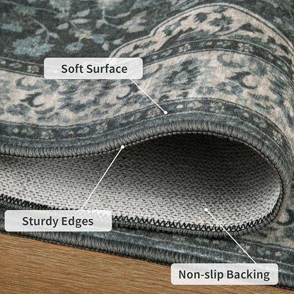 Tangsoo Vintage 2x6 Washable Runner Rug for Hallways,Grey Green Non-Slip Low Pile Long Rug Runner,Floral Soft Indoor Carpet Runner for Kitchen Bedroom Entryway Laundry