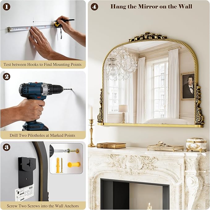 26x38 inch Vintage Arched Gold Ornate Baroque Mirror - Wall Vanity Mirror with Beautiful Retro Top and Bottom Engraving Process Frame for Bathroom, Living Room, Fireplace, Entryway, HD Tempered Glass