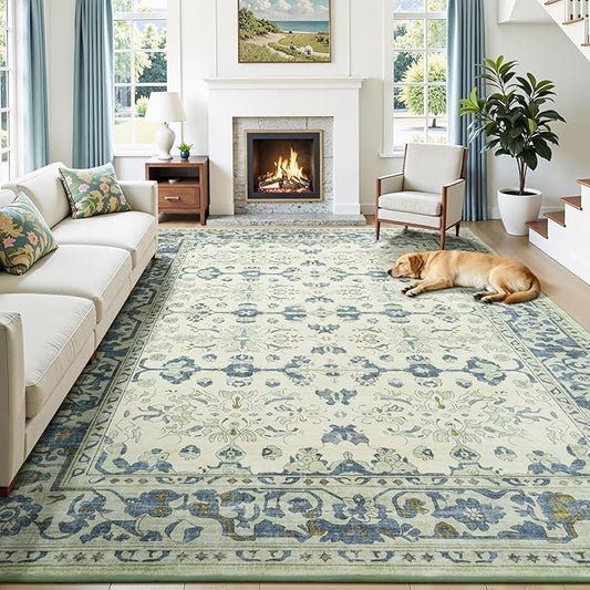 Lessymo Washable Area Rug for Living Room,8x10 Large Rugs with Non-Slip Backing,Soft Boho Carpets for Bedroom Dining Room Nursery Home Office,Light Blue