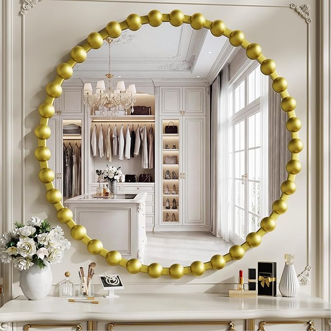 Round Mirror for Wall, 36 Inch Gold Round Vanity Mirror with Beaded Frame, Modern Decorative Wall Mirror for Bathroom, Entryway, Bedroom, Living Room, Gold