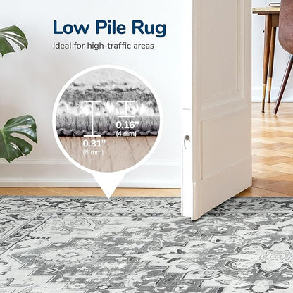 Lessymo 7 x 10 Area Rugs for Living Room- Machine Washable Area Rugs Boho Faux Wool Low Pile Area Rug for Bedroom, Floral Medallion Vintage Rugs with Non-Slip Rubber, Kid & Pet Friendly, Grey White