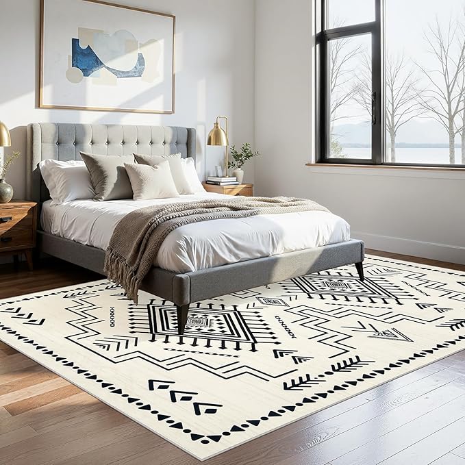 Joydeco 5x7 Moroccan Living Room Rugs, Modern Washable Bedroom Rug, Western Low Pile Non Shedding Distressed Aztec Dining Room, Aztec Soft Non Slip Carpet for Office Home Decor, Ivory