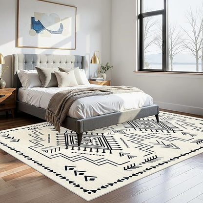 Joydeco 5x7 Moroccan Living Room Rugs, Modern Washable Bedroom Rug, Western Low Pile Non Shedding Distressed Aztec Dining Room, Aztec Soft Non Slip Carpet for Office Home Decor, Ivory