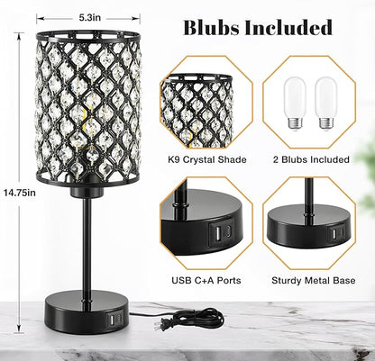 GyroVu Touch Control Table Lamp, Black Crystal Table Lamps Set of 2 with 2 USB Charging Ports, Dimmable Bedside Nightstand Lamps for Living Room, Bedroom, Guest Room, Bulbs Included