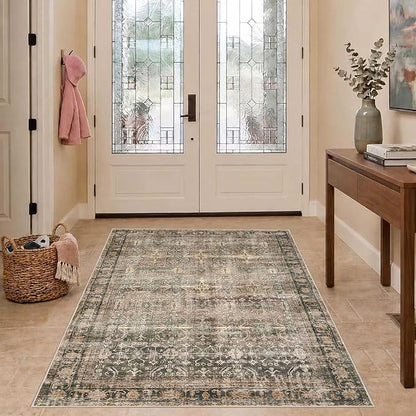 Rugxara 3x5 Rug for Entryway Bedroom, Brown 3x5 Washable Area Rug, Vintage Retro Boho Throw Rug, Non Slip & Low Pile Small Carpet for Indoor Entry, Kitchen, Bedside, Living Room, Bathroom and Dining