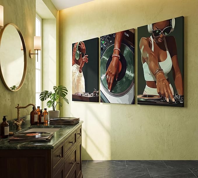 3pcs Trendy Black Girly Dj Canvas Wall Art Fashion African American Black Women Wall Decor Pictures Muisc Record Posters Prints Paintings for Bedroom Living Room Decoration Prepare To Hang