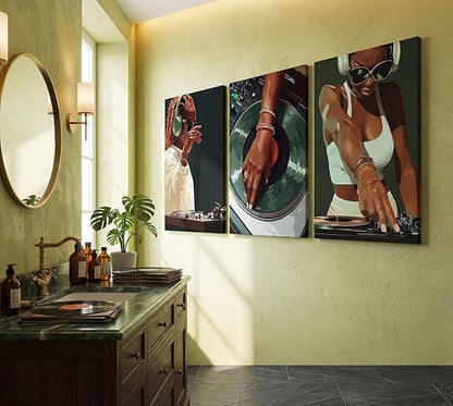 3pcs Trendy Black Girly Dj Canvas Wall Art Fashion African American Black Women Wall Decor Pictures Muisc Record Posters Prints Paintings for Bedroom Living Room Decoration Prepare To Hang