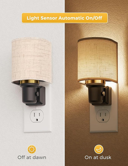 L LOHAS LED Night Lights Plug into Wall, Plug in Night Light Dimmable 100LM, Farmhouse Decorative Nightlights Plug in Wall, Light Sensor, Soft Linen Fabric Nightlight Warm for Bedroom Hallway, 2 Pack