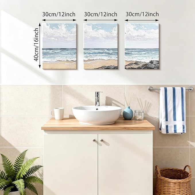 WENGTIAO Beach Canvas Wall Art Prints Set of 3 Coastal Seaside Wall Paintings Abstract Seascape Photos Pictures Blue Ocean Artwork for Home Decor Living Room Bedroom Office 12”x16”x3