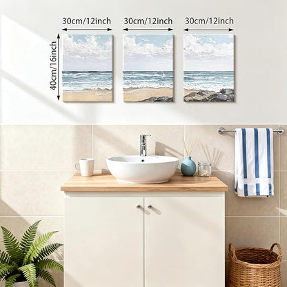 WENGTIAO Beach Canvas Wall Art Prints Set of 3 Coastal Seaside Wall Paintings Abstract Seascape Photos Pictures Blue Ocean Artwork for Home Decor Living Room Bedroom Office 12”x16”x3