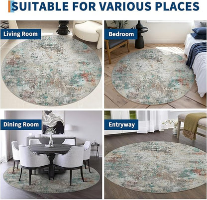 ROYHOME Modern Abstract 8x8 Round Area Rug Non Slip Non Shedding Rug Low Pile Stain Resistant for Bedroom Living Room Office Dining Room,Colorful
