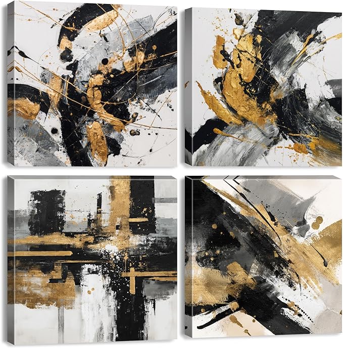 Abstract Black and Gold Wall Art for Bathroom Marble Pictures for Wall Modern Black White and Gold Texture Canvas Prints Painting Neutral Posters Artwork Living Room Home Decorations 12x12” 4Pcs
