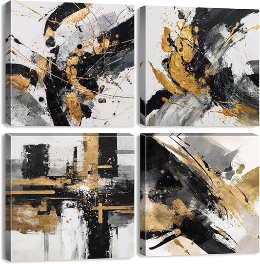 Abstract Black and Gold Wall Art for Bathroom Marble Pictures for Wall Modern Black White and Gold Texture Canvas Prints Painting Neutral Posters Artwork Living Room Home Decorations 12x12” 4Pcs