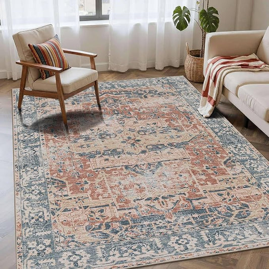 Rugxara 4x6 Rug for Living Room Bedroom, Washable Throw Rugs, Vintage Retro Boho Area Rug, Non Slip & Low Pile Accent Throw Carpet for Indoor Dining Room, Kids Room and Office(Coral Blue 4x6ft)