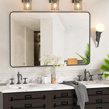 Antok Bathroom Mirror, 48"x30" Wall Mirror, Decorative Mirrors Vanity Mirror Aluminum Alloy Frame Contemporary Rectangular Hanging Mirror for Living Room Bathroom Entryway,Black,Round Corner