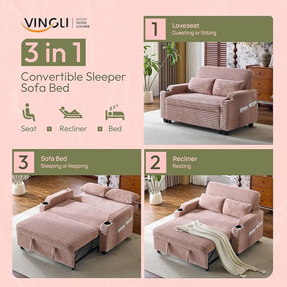 VINGLI Green Futon Sofa Bed Convertible Loveseat Sleeper Sofa Couch, Corduroy Pullout Sofa Fold Out Couch Bed with USB Ports, Cup Holders, Armrest for Living Room, Bedroom Apartment Room | Lveseat Sleeper