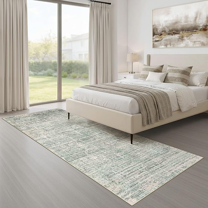 Runner Rug Non-Slip Kitchen Rug: 3x8 Washable Abstract Modern Soft Stain Resistant Indoor Floor Neutral Accent Throw Carpet for Hallway Bathroom Laundry Room Bedroom Entryway- Green
