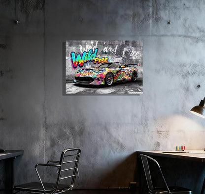 12x16 Modern Graffiti Sports Racing Car Canvas Wall Art Framed Urban Street Painting Car Poster for Teen Boys Room Pop Funny Home Decor Kids Bedroom Cool Posters Living Room Prints