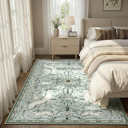 Lahome 5x7 Washable Deer Rug, Dorval Boho Woodland Botanical Area Rug, Non Slip Low Pile Soft Light Green Carpet for Living Room Bedroom Nursery Dining Room Home Office Decor