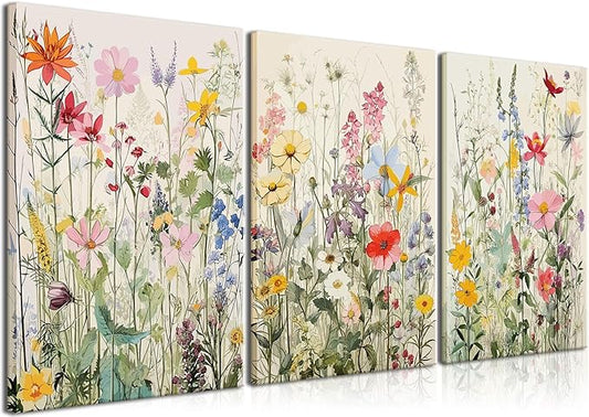 KISSFOX 3 Piece Canvas Wall Art Wildflowers Wall Decor Floral Pictures Botanical Paintings Watercolor Prints Colorful Artwork For Bedroom Bathroom Living Room