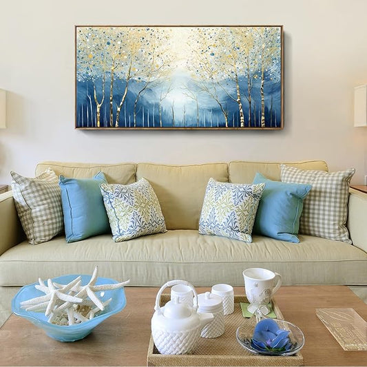 Large Framed Modern Living Room Canvas Wall Art, Abstract Plant Landscape Print Picture, Blue And Yellow Birch Forest Art Decor For Bedrooms, Dining Rooms, Balconies, Entryways, And Offices. 48X24 Inches.