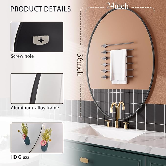 AUYHM Oval Mirrors,Oval Bathroom Mirrors,24x36 Mirror Bathroom Black,espejos decorativos de pared,Bathroom Mirrors for Over Sink(Black)