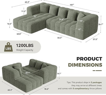 107" Modern Boneless Couch with L - Shaped Chaise, Comfy Chenille Modular Sectional Sofa with Tufted Design, Deep Seat Upholstered Sofa Bed, No - Assembly Sectional Couch, Green