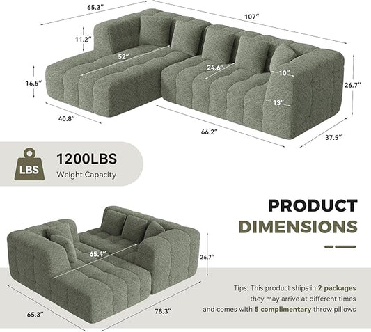 107" Modern Boneless Couch with L - Shaped Chaise, Comfy Chenille Modular Sectional Sofa with Tufted Design, Deep Seat Upholstered Sofa Bed, No - Assembly Sectional Couch, Green