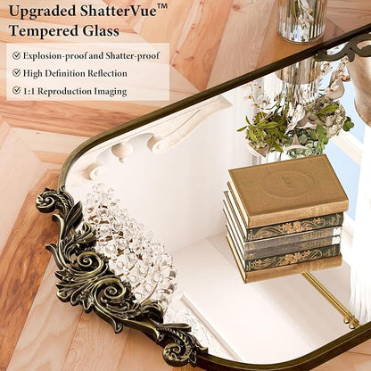 Koonmi Vintage Mirror, 26x38 Wall Mounted Vanity Mirror, Tempered Glass, Detachable Flower Head, Bronze Antique Decorative Mirror for Bathroom Entryway Fireplace Living Room Hallway