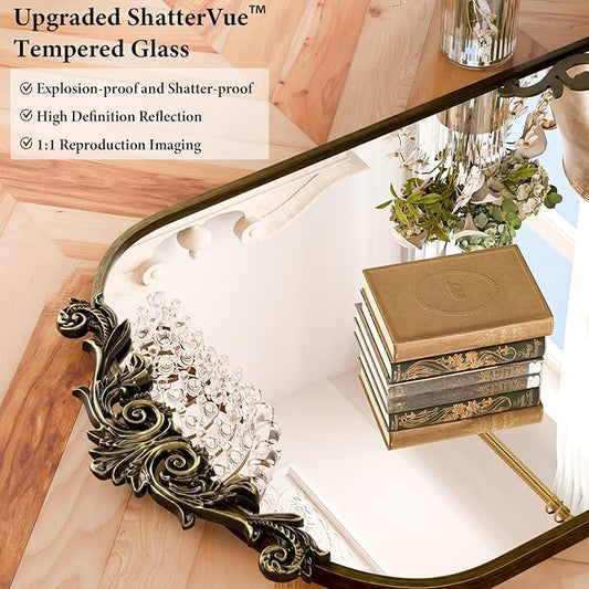Koonmi Vintage Mirror, 26x38 Wall Mounted Vanity Mirror, Tempered Glass, Detachable Flower Head, Bronze Antique Decorative Mirror for Bathroom Entryway Fireplace Living Room Hallway